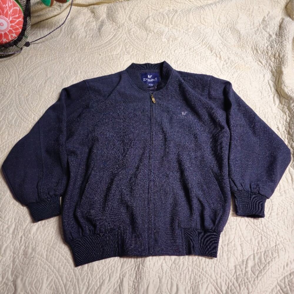 Vintage Glen Plaid Bomber Jacket -- Navy -- Script Embroidery -- Brass Zip -- St